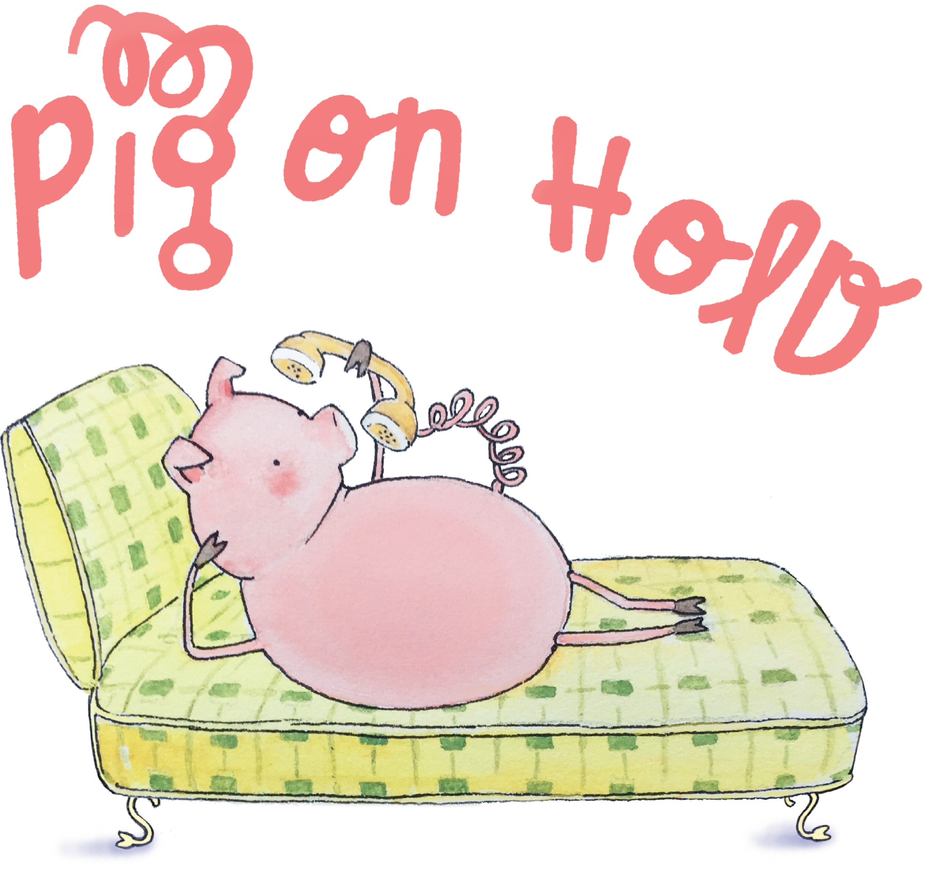 Pig on Hold - A cute pig lying on a chaise lounge talking on the phone
